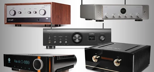 close up shots of 5 different audio amplifiers